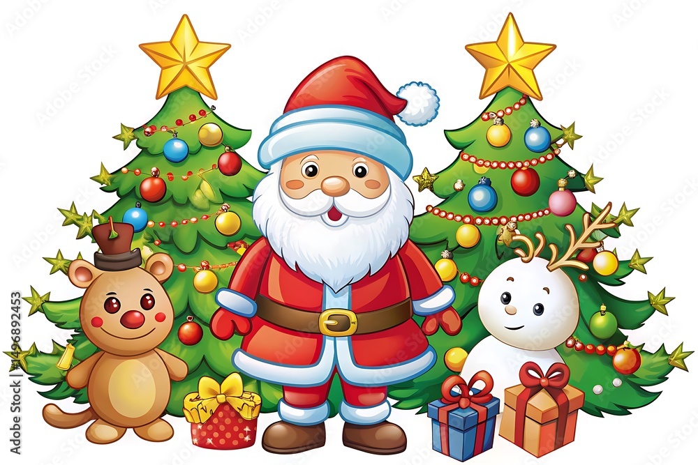 Santa claus with teddy bear, snowman, christmas trees and gifts isolated on white background celebrating the holiday season with festive cheer and joy Santa claus with teddy bear, snowman, christmas trees and gifts isolated on white background celebrating the holiday season with festive cheer and joy