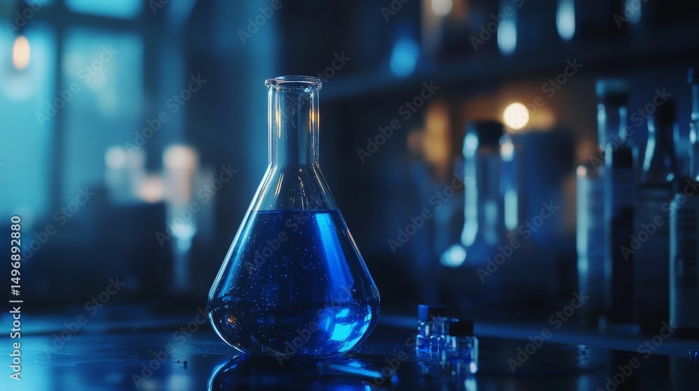 Blue glass laboratory flask filled with clear liquid on a scientific research lab table with blurred equipment and bright light background
Blue glass laboratory flask filled with clear liquid on a scientific research lab table with blurred equipment and bright light background