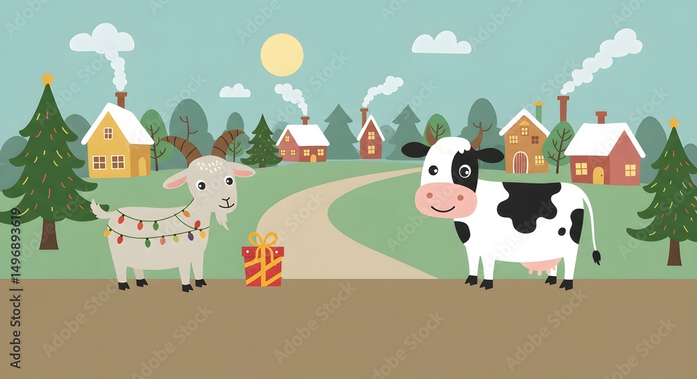 Naklejka premium Merry Christmas Farm Animals Goat and Cow in Festive Village Scene