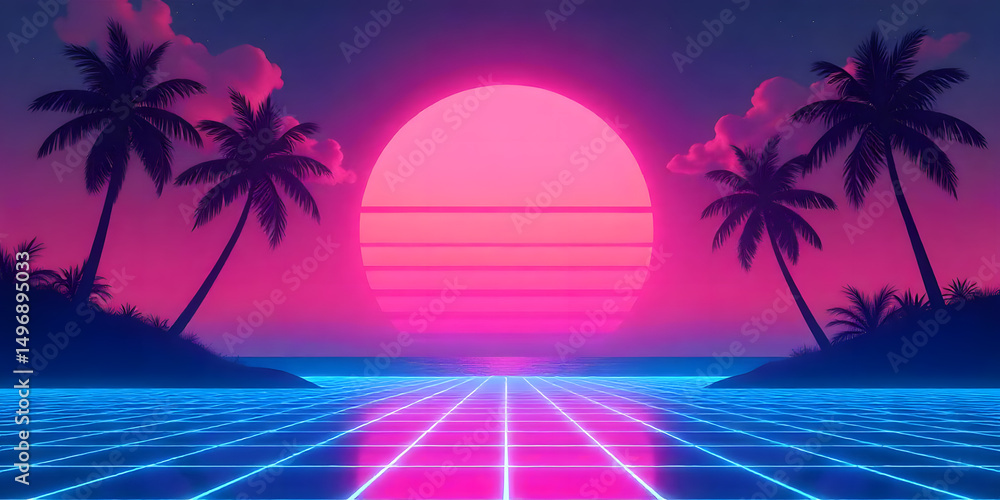 Fototapeta premium Retro synthwave sunset tropical island paradise