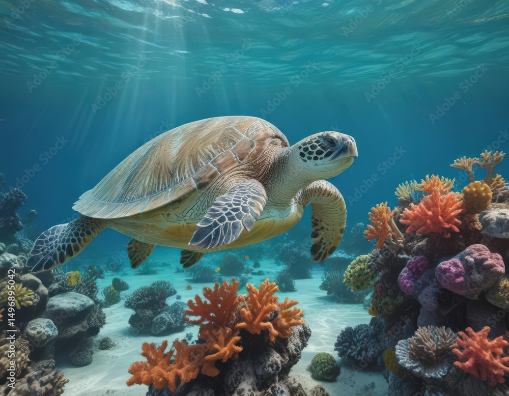 Obraz premium Green sea turtle gracefully swims amidst vibrant coral reef and azure water , vibrant, coral, sea turtle