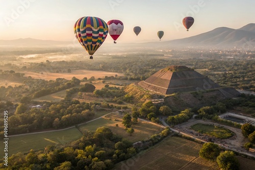 Hot Air Balloons Flying Over Pyramid Landscape Colorful Sky Adventure Above Ancient Structures