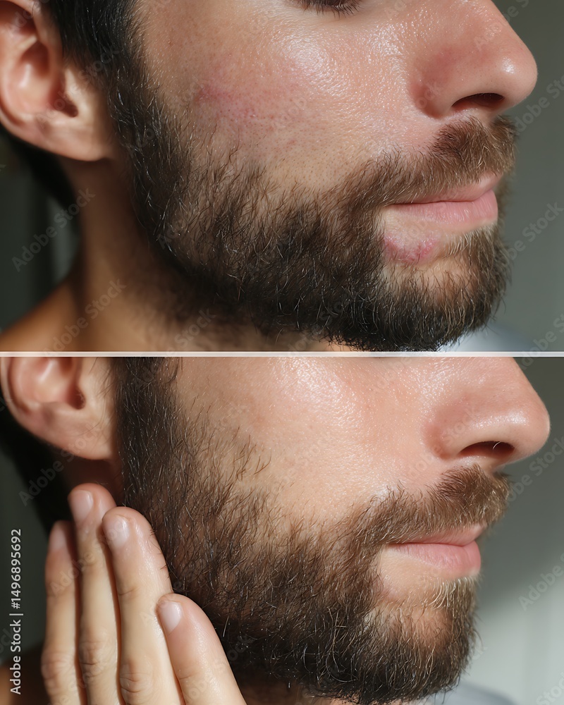 Fototapeta premium before and after aftershave lotion, male skincare comparison, irritated skin vs soothed, clean style