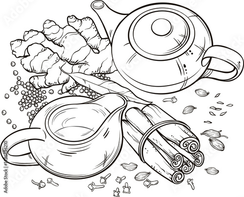 Traditional Indian Masala Tea Outline Illustration