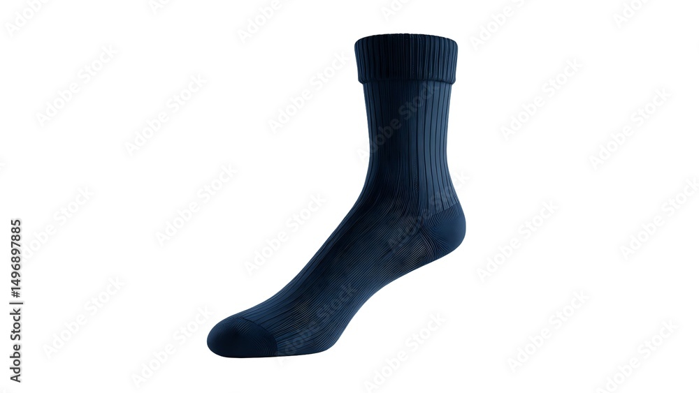 Studio shot of a single navy blue ribbed sock isolated on white background, showcasing its texture and design details. Ideal for apparel websites, catalogs, or fashion blogs. Studio shot of a single navy blue ribbed sock isolated on white background, showcasing its texture and design details. Ideal for apparel websites, catalogs, or fashion blogs.