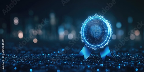 A glowing, blue award medal rests on a dark, glittery surface, with a blurred city backdrop