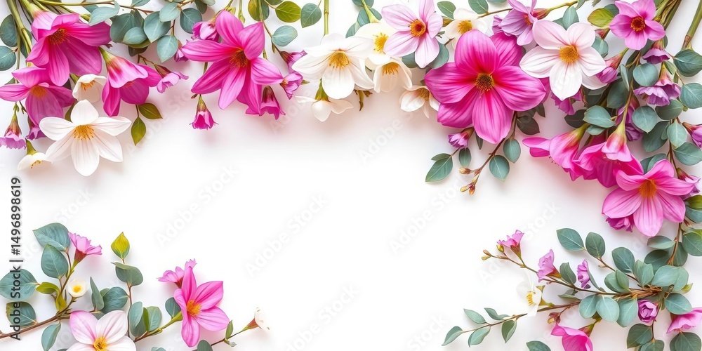 Fototapeta premium Spring floral frame of pink, white, and purple blooms with eucalyptus on white background, delicate, flatlay