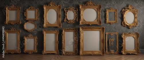 Elegant damask backdrop showcases a collection of antique picture frames in diverse shapes and sizes ,  damask,  interior design