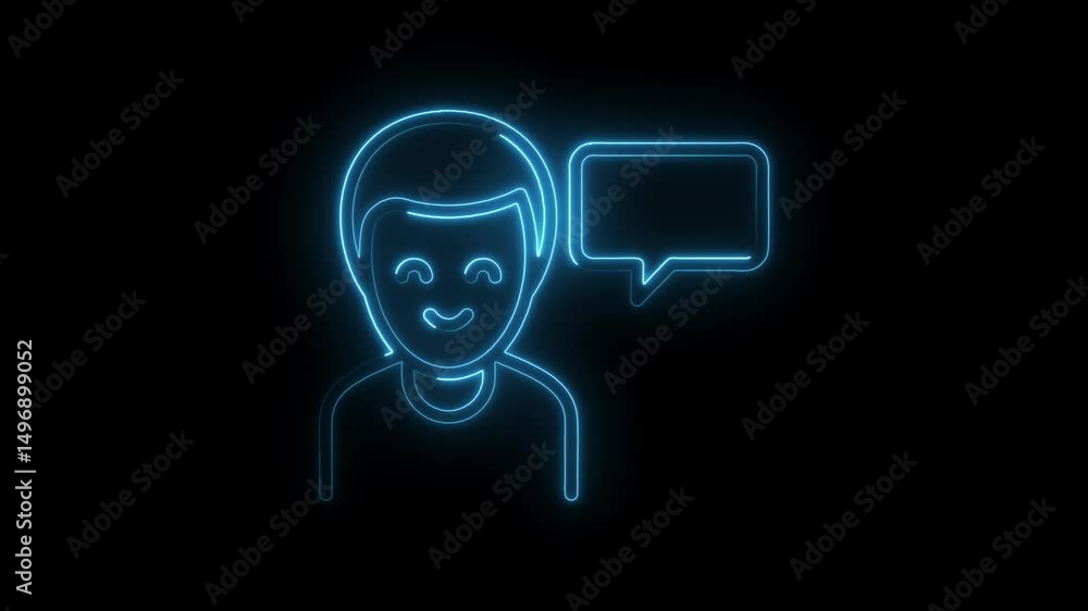 Neon avatar with speech bubble on black background representing communication or online interaction Neon avatar with speech bubble on black background representing communication or online interaction