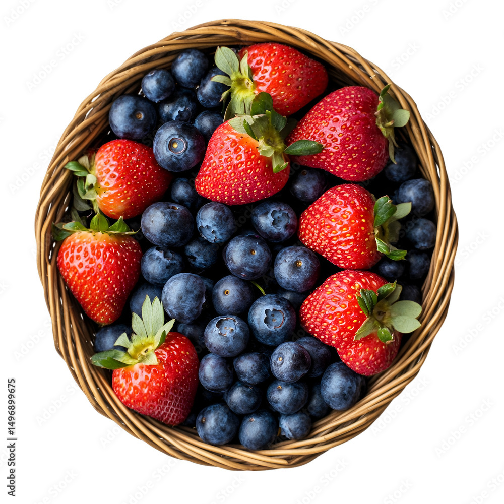 Fresh berry harvest strawberries and blueberries in a basket natural setting aerial view for healthy eating Fresh berry harvest strawberries and blueberries in a basket natural setting aerial view for healthy eating