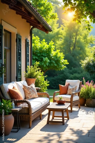 Relaxing summer scene with stylish outdoor furniture on a patio  bathed in warm sunlight  Perfect for creating a tranquil and inviting atmosphere    chairs   elegant   comfortable