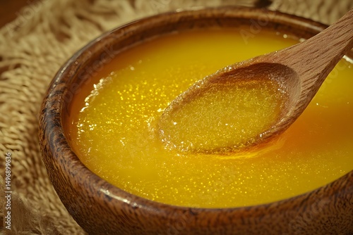 Golden Ghee in Wooden Bowl Closeup Photography