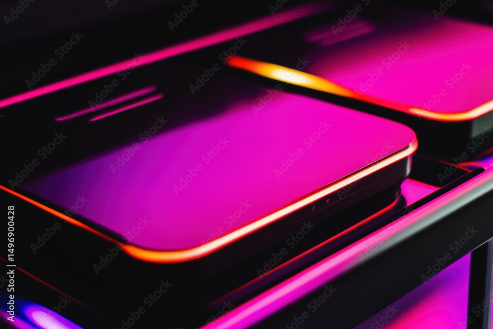 Sleek Tech Design with Neon Lights. Abstract view of high-tech devices with neon lighting on a sleek, dark surface. Sleek Tech Design with Neon Lights. Abstract view of high-tech devices with neon lighting on a sleek, dark surface.