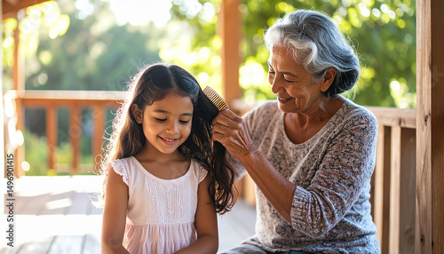 Grandmother's Love: A heartwarming photo of a grandmother brushing her granddaughter's hair. The granddaughter is looking at her grandmother with adoration while the grandmother smiles kindly.