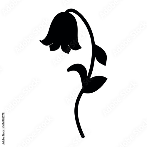 Elegant Black Silhouette of a Bellflower with Stem and Leaves on White