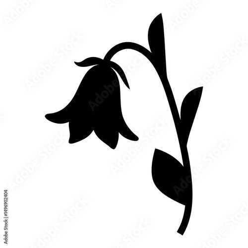 Silhouette of a single bellflower blossom and stem with leaves, graphic art