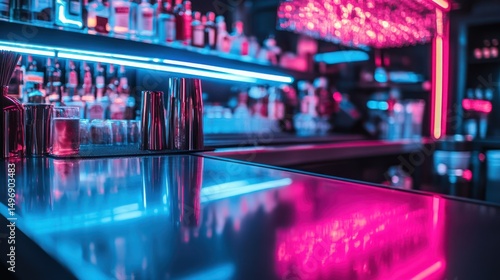 Vibrant night bar scene with neon lights reflecting on a sleek countertop