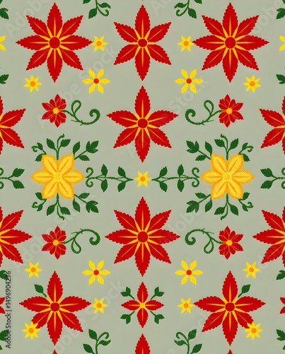 Wallpaper Mural Scandinavian embroidery pattern with golden flowers and crimson star motifs. Torontodigital.ca