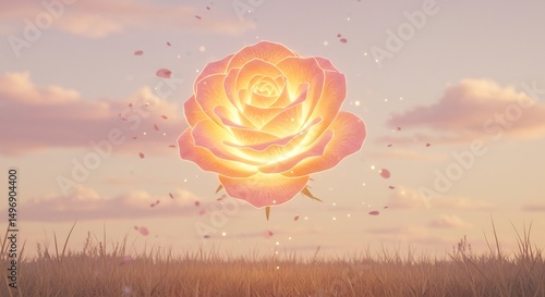 輝くバラ 夕焼け空 穏やか光 幻想的風景. AI Generated