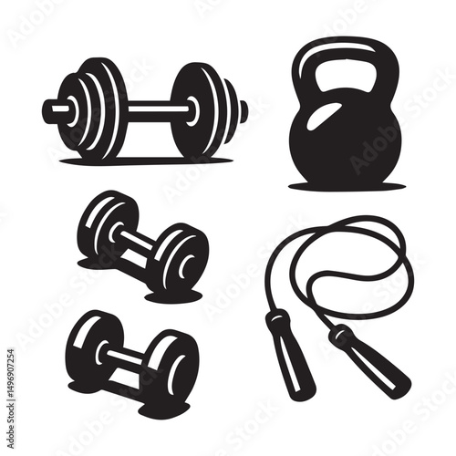 Fitness equipment icons including dumbbells, kettlebell and skipping rope set