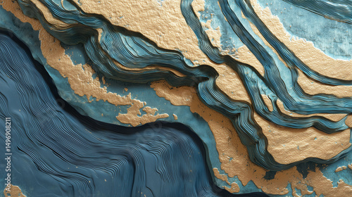 a top down visual capturing undulating abstract textures merging smooth curves and sharp geometry in tones of deep blue and gold