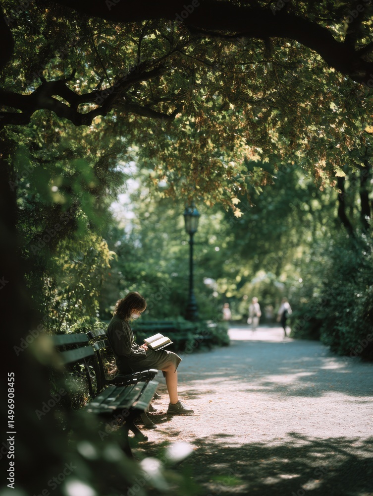 Fototapeta premium Woman Reading a Book on a Bench in a Park Under a Tree Canopy, Showcasing Quiet Contemplation and Personal Growth During Leisure Time : Generative AI