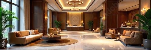 Luxurious hotel lobby interior with plush seating, marble floors, and elegant lighting fixtures creating a sophisticated and welcoming atmosphere , reception, armchair, marble
