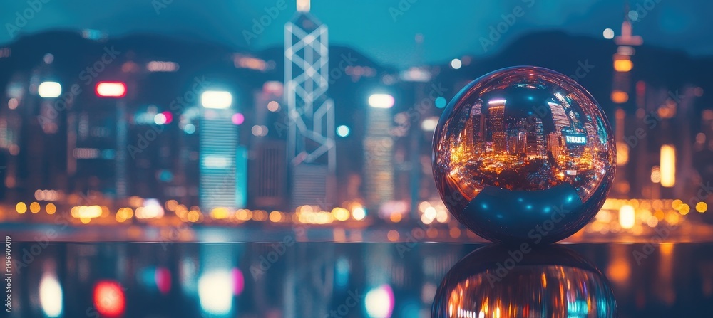 Reflective sphere in front of a blurred cityscape at night Reflective sphere in front of a blurred cityscape at night