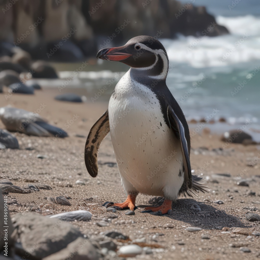 Naklejka premium Humboldt penguin preening feathers on rocky beach, beach, colony