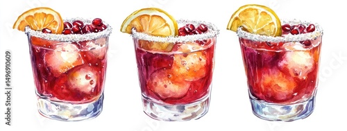 Three watercolor illustrations of pomegranate cocktails garnished with lemon and sugared rims