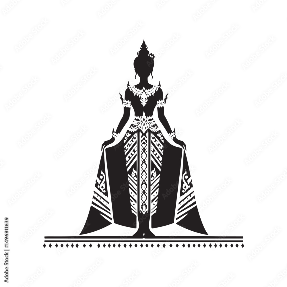 Fototapeta premium Graceful Chut Thai Vector Silhouette – Traditional Thai Dress, Elegant Draping, Cultural Heritage, Ornate Details, Timeless Beauty, and Royal Femininity. 