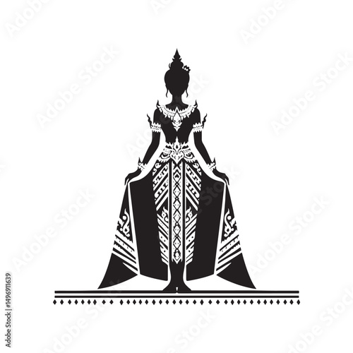 Graceful Chut Thai Vector Silhouette – Traditional Thai Dress, Elegant Draping, Cultural Heritage, Ornate Details, Timeless Beauty, and Royal Femininity.
