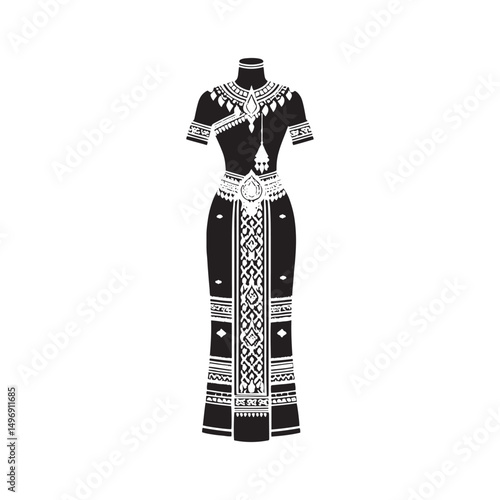 Graceful Chut Thai Vector Silhouette – Traditional Thai Dress, Elegant Draping, Cultural Heritage, Ornate Details, Timeless Beauty, and Royal Femininity.
