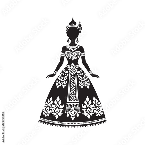 Graceful Chut Thai Vector Silhouette – Traditional Thai Dress, Elegant Draping, Cultural Heritage, Ornate Details, Timeless Beauty, and Royal Femininity.
