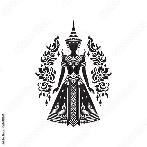 Graceful Chut Thai Vector Silhouette – Traditional Thai Dress, Elegant Draping, Cultural Heritage, Ornate Details, Timeless Beauty, and Royal Femininity.
