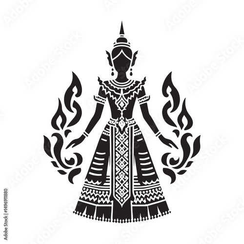 Graceful Chut Thai Vector Silhouette – Traditional Thai Dress, Elegant Draping, Cultural Heritage, Ornate Details, Timeless Beauty, and Royal Femininity.
