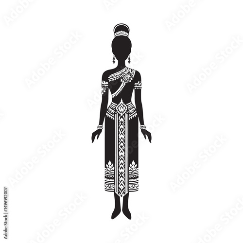 Graceful Chut Thai Vector Silhouette – Traditional Thai Dress, Elegant Draping, Cultural Heritage, Ornate Details, Timeless Beauty, and Royal Femininity.
