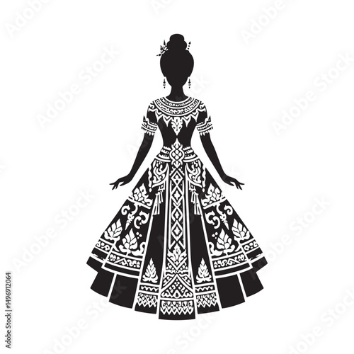 Graceful Chut Thai Vector Silhouette – Traditional Thai Dress, Elegant Draping, Cultural Heritage, Ornate Details, Timeless Beauty, and Royal Femininity.
