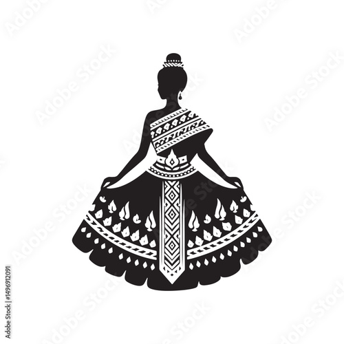 Graceful Chut Thai Vector Silhouette – Traditional Thai Dress, Elegant Draping, Cultural Heritage, Ornate Details, Timeless Beauty, and Royal Femininity.
