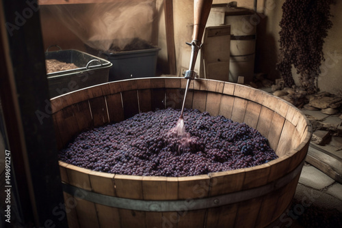 Rustic Harvest Stirring the Purple Grape Wine Vat