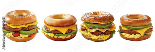 Gourmet bagel sandwiches featuring various toppings including cheese, meat, eggs, and vegetables on a white background