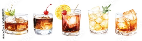 Watercolor illustration of four different cocktails in old-fashioned glasses