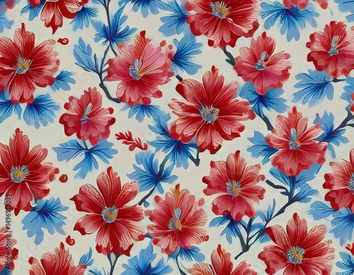 seamless pattern with red and blue flowers wallpaper