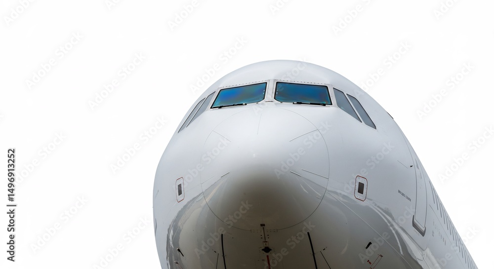 白い機体輝く 航空機正面クローズアップ 鮮明な光で撮影. AI Generated 白い機体輝く 航空機正面クローズアップ 鮮明な光で撮影. AI Generated