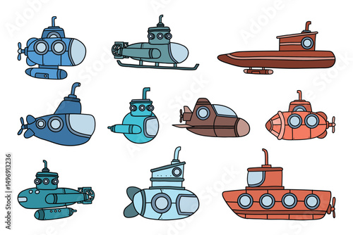Collection of fanciful submarines are isolated on white, playful, cartoon underwater vehicles
