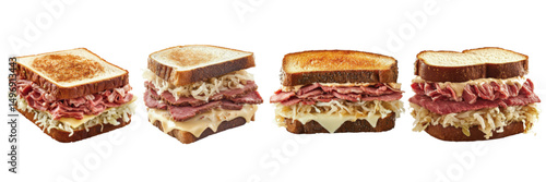 Layers of delicious and hearty sandwiches featuring corned beef, sauerkraut, and toasted rye bread on a white background