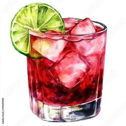Watercolor illustration of a vibrant red cocktail in a glass with ice cubes and lime wedge