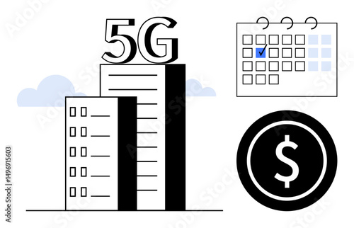 Two modern buildings with 5G, a marked calendar, and a dollar coin represent technology, connectivity, investment, and scheduling. Ideal for telecom, business growth, innovation planning finance