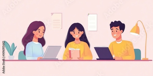 Three people working collaboratively at a desk