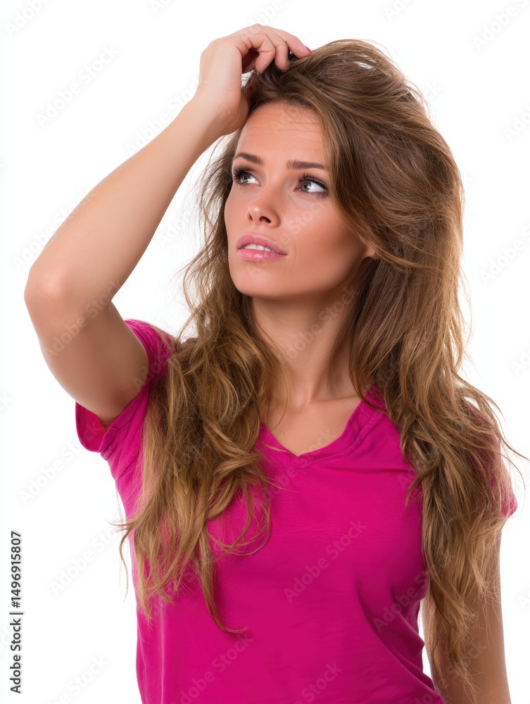 A woman playing with her hair while gazing into the distance, medium closeup, isolate on white background A woman playing with her hair while gazing into the distance, medium closeup, isolate on white background